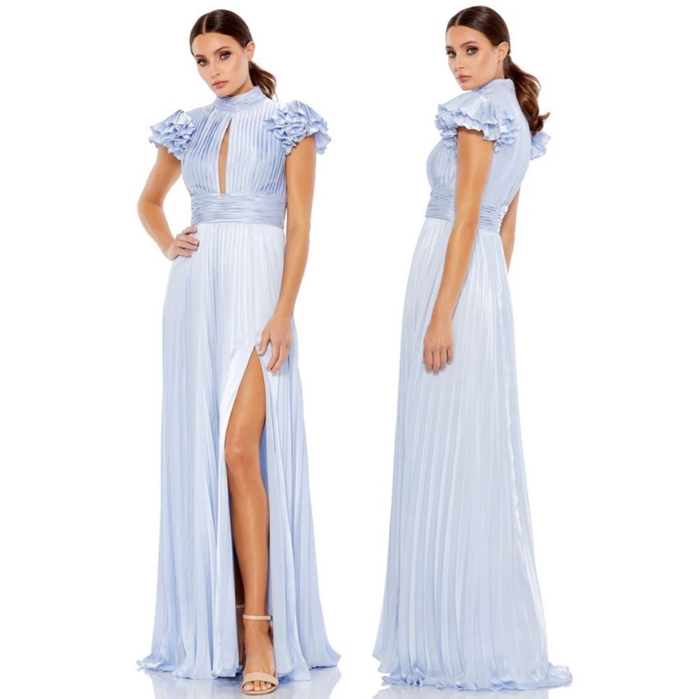 NWT Ieena Mac Duggal 26536 Pleated Ruffle Sleeve Formal Powder Blue Dress Gown